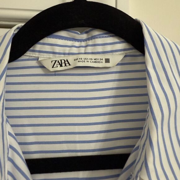 Zara Women's Blue and White Striped Button Down Shirt - Picture 7 of 8